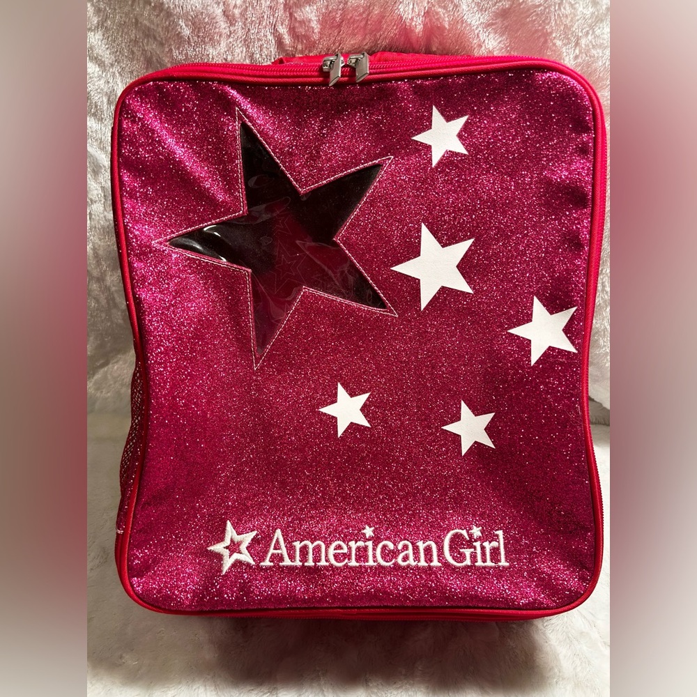 AMERICAN GIRL BACKPACK SPARKLE PINK GLITTER STAR WINDOW, MESH SIDE POCKETS